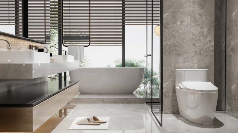 Baño moderno con una tapa de inodoro inteligente New Bidé instalada